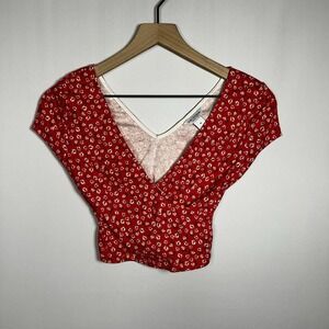 Arizona Shirt Women Size XS Floral Print V-Neck Wrap Short Sleeve Crop Blouse